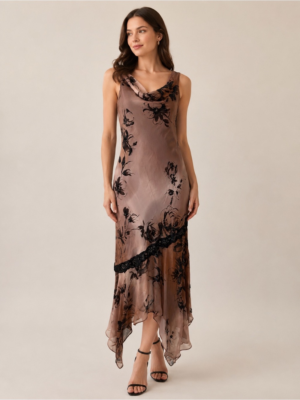 Vintage 90s Adrianna Papell Silk Beaded Asymmetrical Dress